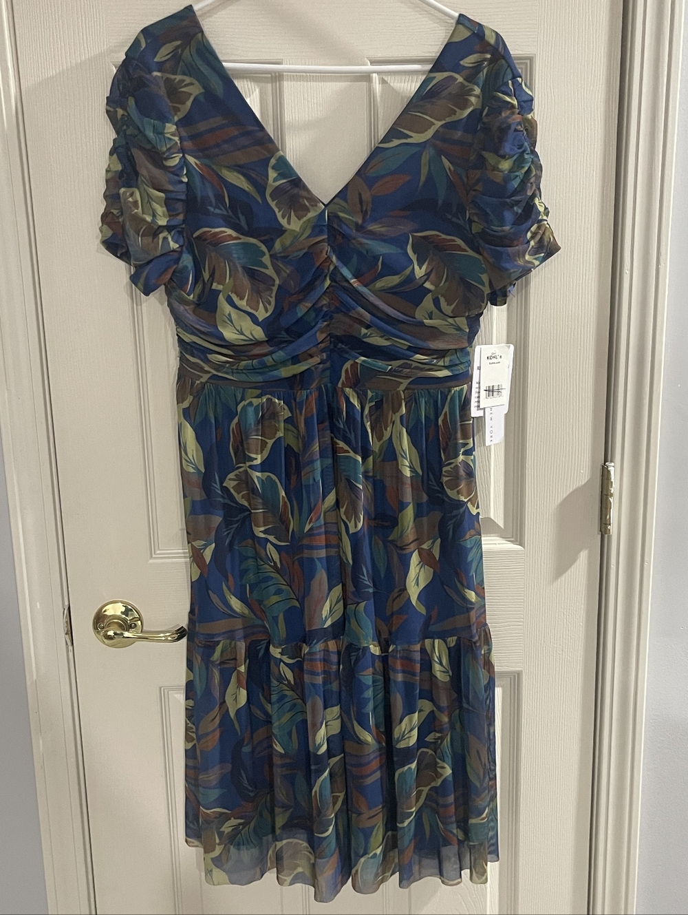 NWT Nicole Miller New‎ York Blue Green Brown Leaf Mesh Tiered Midi Dress Size LG